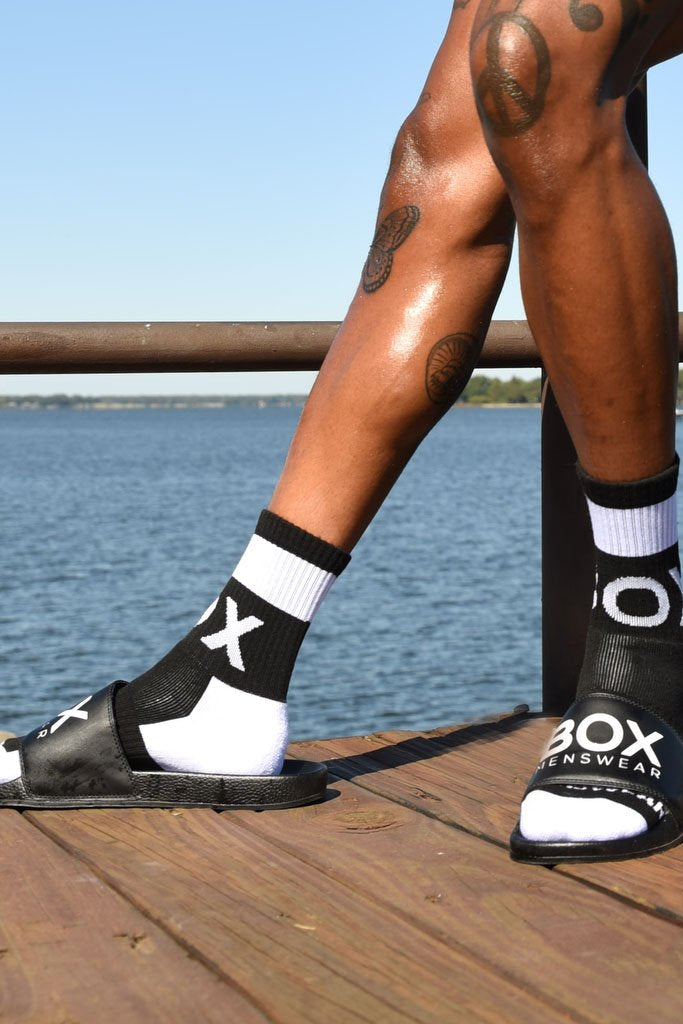 Seth Holbrook Legs Tattoos Black Socks Black Lux Box Sliders Boardwalk Sea